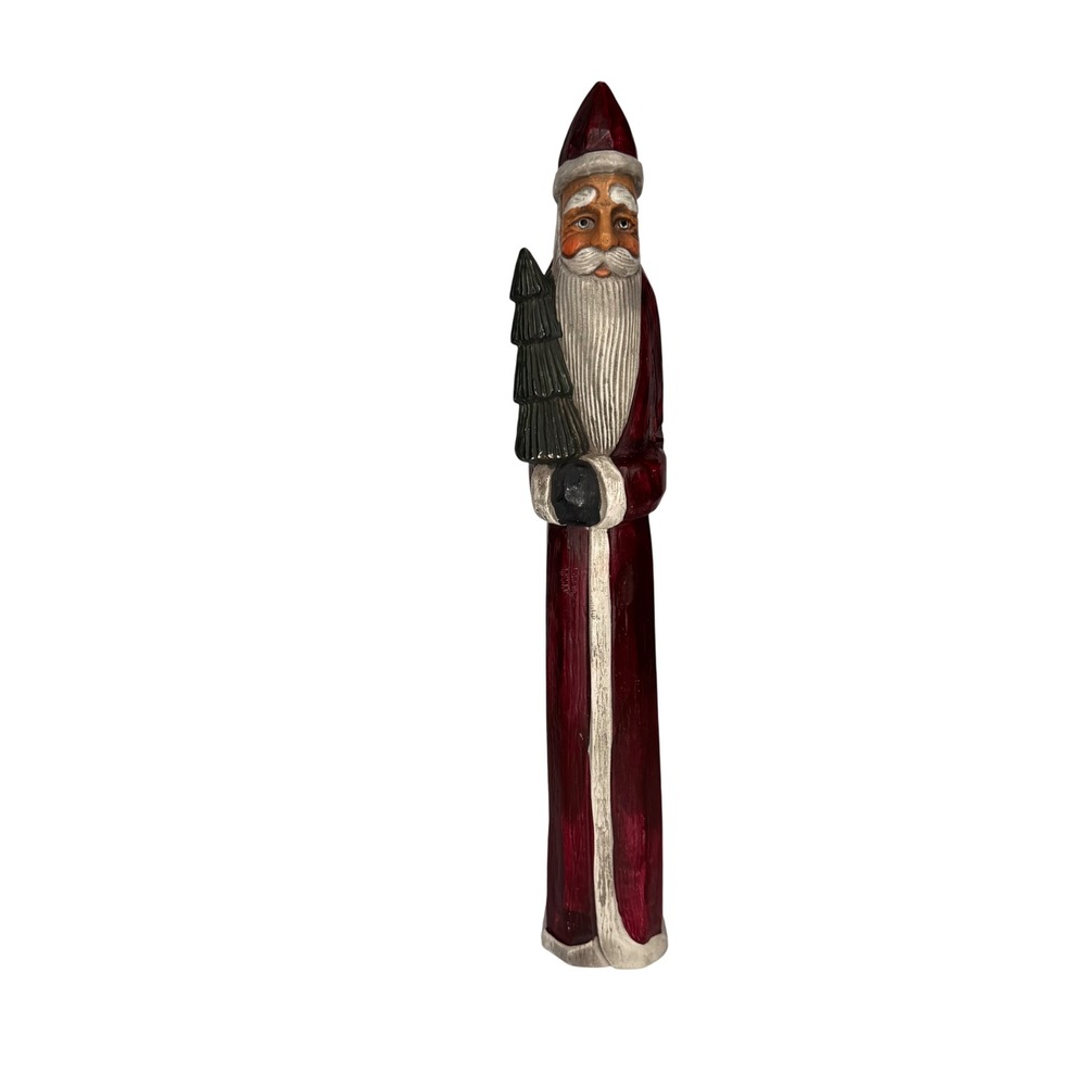 Vintage 13.5" Tall Slender Pencil Wood Look Resin Santa Claus with Tree Folk Art